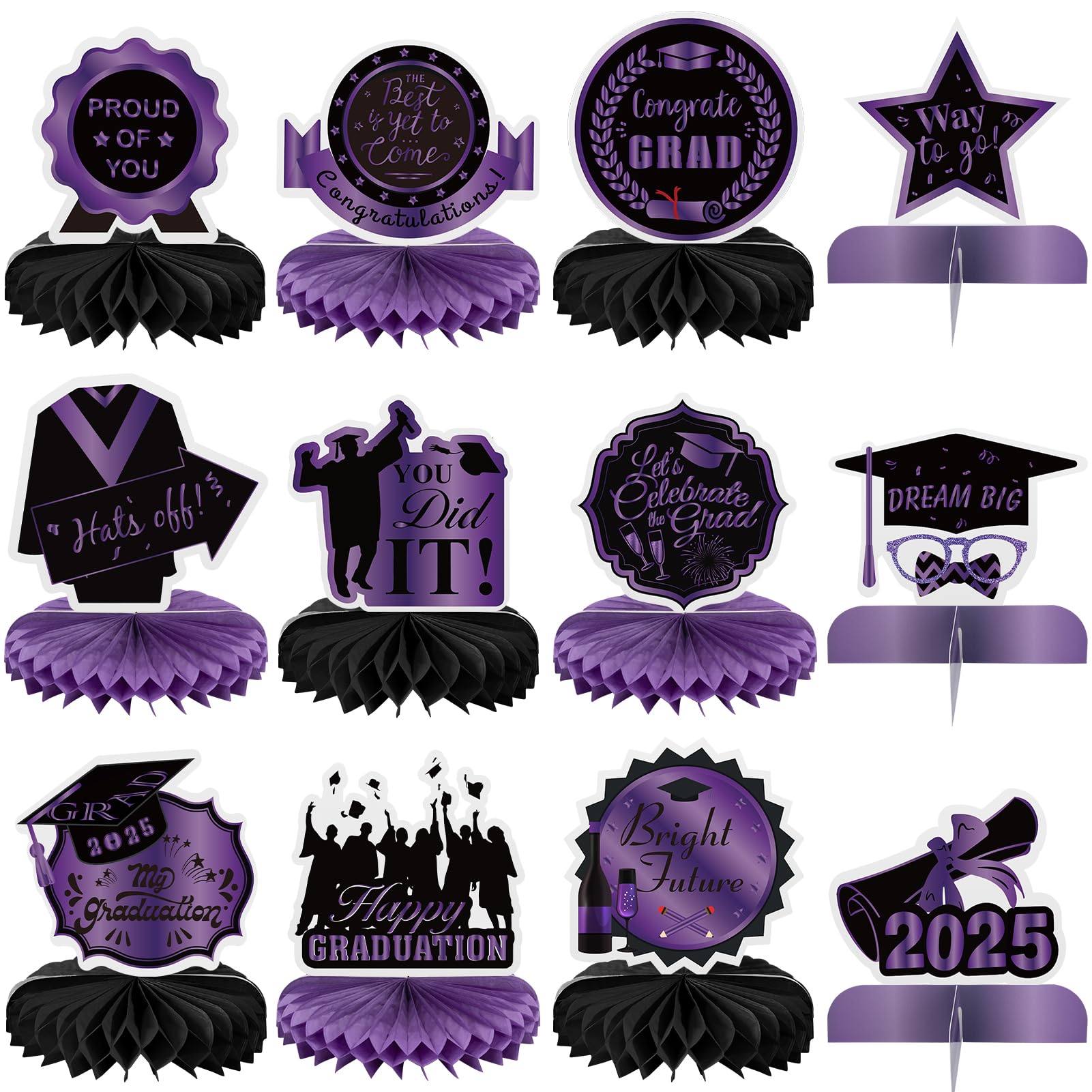 Photo 1 of 12PCS Graduation Decorations Class of 2025, Congrats Grad Table Centerpieces Graduation Honeycomb Centerpieces Grad Party Centerpieces 2025 Graduation Decorations for Party, Purple