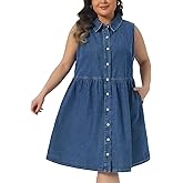 Agnes Orinda Denim Dress for Women Plus Size 2026 Sleeveless Babydoll Button Down Midi Jean Dresses