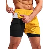 Pudolla Men’s 2 in 1 Running Shorts 5" Quick Dry Gym Athletic Workout Shorts for Men with Phone Pockets