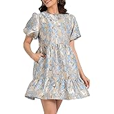 Ladyful Women's Floral Jacquard Mini Dress Short Puff Sleeve Tiered Babydoll A-Line Dress Elegant Shiny Party Outfits