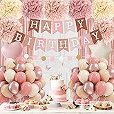 Pink Birthday Decorations for women with Dusty Light Pink Beige Paper Pompoms Nude Sand White Metallic Rose Gold Balloons Fringe Curtain for Women Birthday Decorations