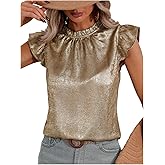 Floerns Women's Metallic Flounce Ruffle Sleeve Tops Round Neck Party Blouse Shirts