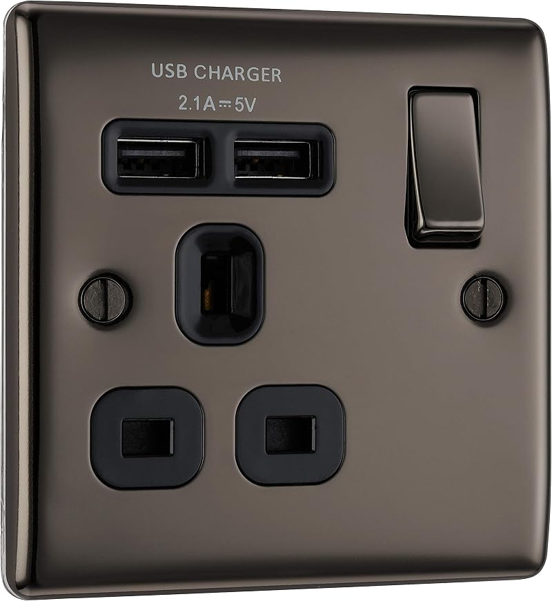 BG Electrical Nexus Black Nickel Switched Power Socket with 2.1A USB Charging