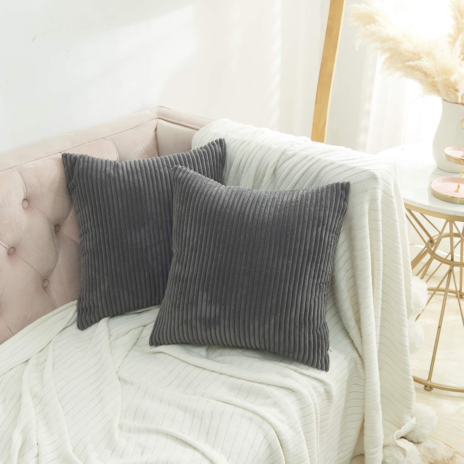 Volcanics Corduroy Cushion Covers Pack of 2 Decorative Square Throw Pillow Covers Cushion Soft Pillowcase 50 x 50cm (20 x 20 Inches) for Home decor Sofa Couch Bedroom, Dark Grey