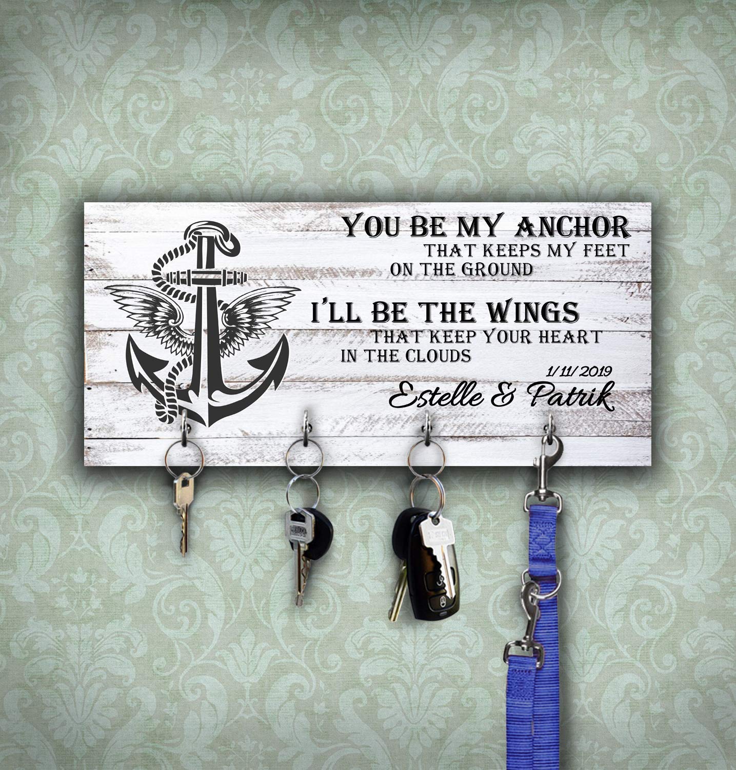Wood Wall Key Hanger with 4 Hooks, Decorative Family Key