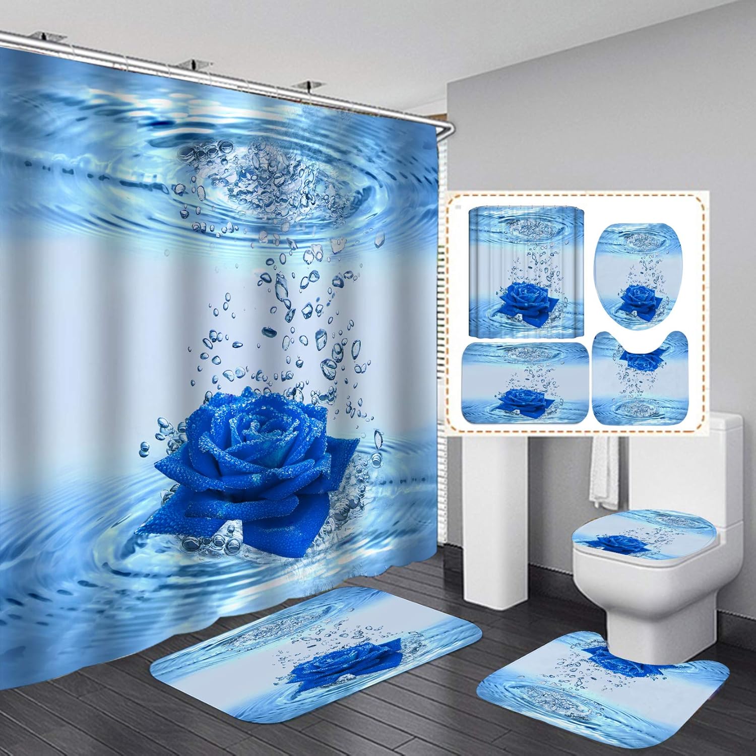 Fashion_Man 16PCS/Set Elegant Teal Blue Rose Shower Curtain, Creative Art Flower
