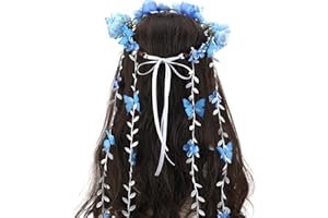 PartyforU Blue Flower Crown Headpiece - Floral Headband with Butterfly Bohemian Vine Crown Hippie Flower Headpiece for Women Wedding Party Bridal Shower Renaissance