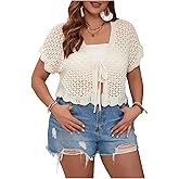 Floerns Women's Plus Size Crochet Hollow Out Tie Front Scallop Trim Crop Cardigan Sweater