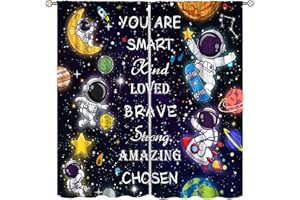 AAVEUP Space Astronaut Curtains for Kids,Cartoon Universe Galaxy Space Planet Astronaut Inspirational Quotes Learning Window Treatments for Boys Nursery Bedroom Living Room 42x45in（No Blackout）