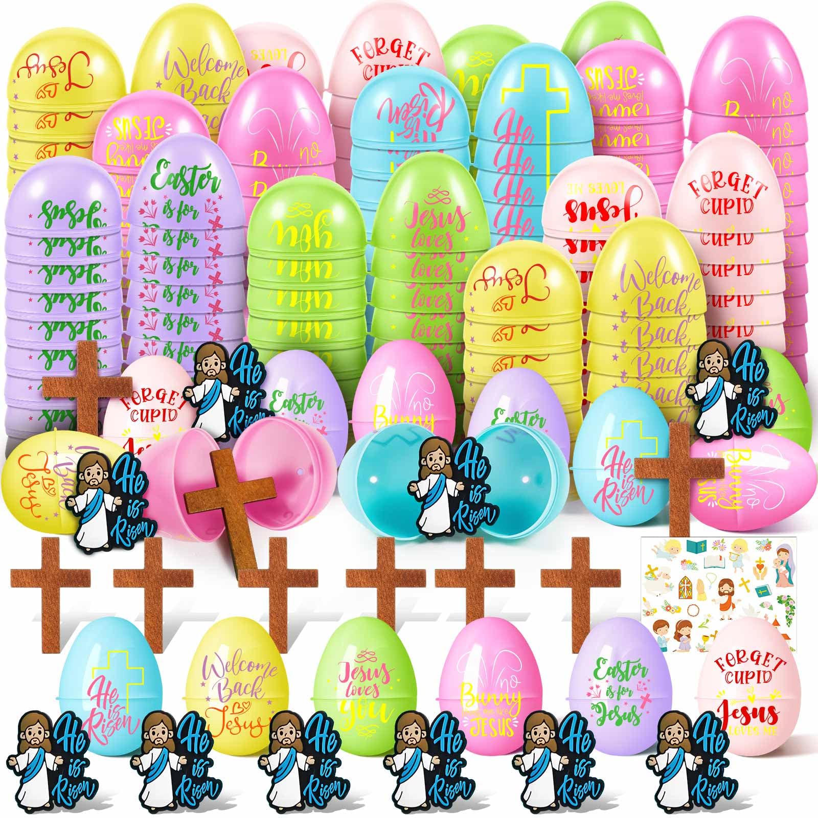 Motionchic 30 Pack Easter Eggs Prefilled with Mini Jesus Figurines Wooden Cross Religious Easter Basket Fillers He Is Risen Plastic Eggs for Kids Party Favors Classroom Prizes Game Supplies