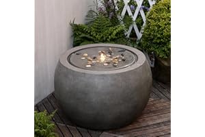 Tankana Garden Water Fountain Outdoor Large Round Bubbler Water Feature Indoor with Lights & Pump and Pebbles Concrete Effect for Patio Pool Pond Yard Home Decor Gray, 25 "L X 25" W X 17.5" H