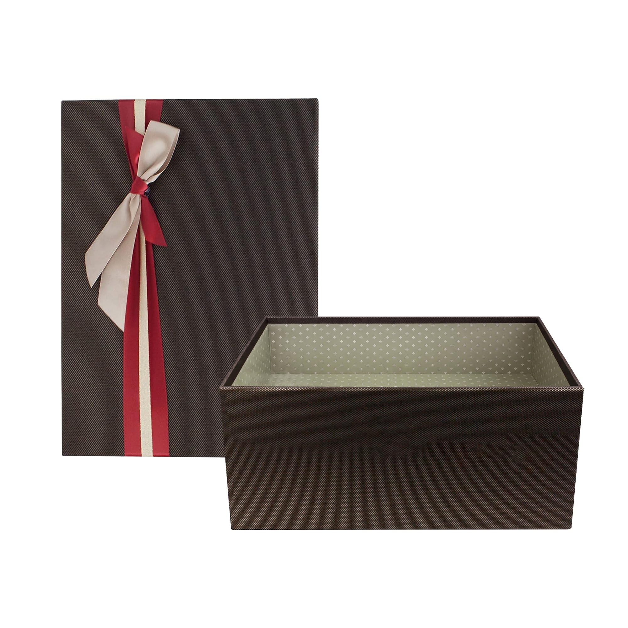 Emartbuy Rigid Luxury Rectangle Shaped Presentation Gift Box, 25.5 cm x 18.5 cm x 11.5 cm, Textured Dark Brown Box with Lid, Printed Interior and Red Gold Satin Decorative Ribbon