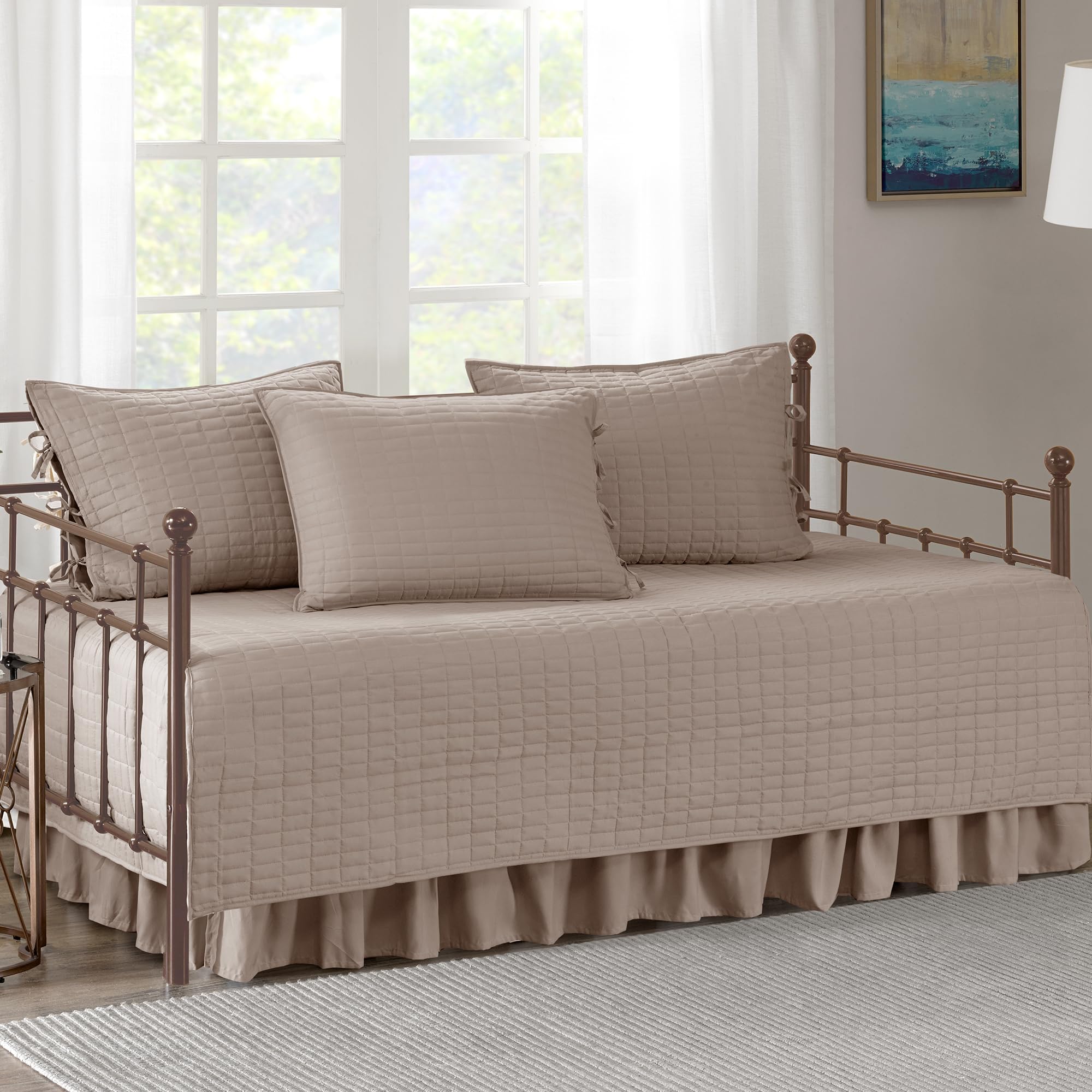 Comfort Spaces Daybed Cover - Luxe Double Sided-Quilting, All Season Cozy Bedding with Bedskirt, Matching Shams, Kienna Taupe 75"x39" 5 Piece Image