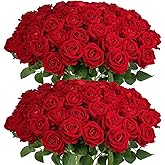 Auihiay 60Pcs Red Roses Artificial Flowers, Velvet Silk Faux Roses, Realistic Red Flowers for Wedding Centerpieces, Cake, Bri