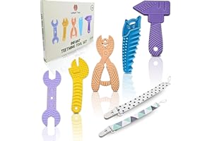 LaNoah Toys Infant Teething Tools Set: 5 Piece Construction Set + 2 Clips! Soft BPA Free Teething Toys, Baby Boy Essentials, 