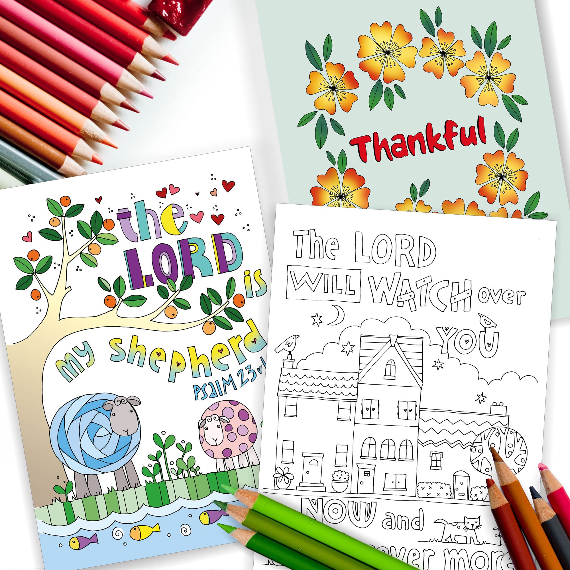 Christian Colouring Postcards, Psalms, Pack of 10 different designs, with coloured Bible verse on reverse. Makes a great Christian gift for adults or children, by Just Cards Direct.