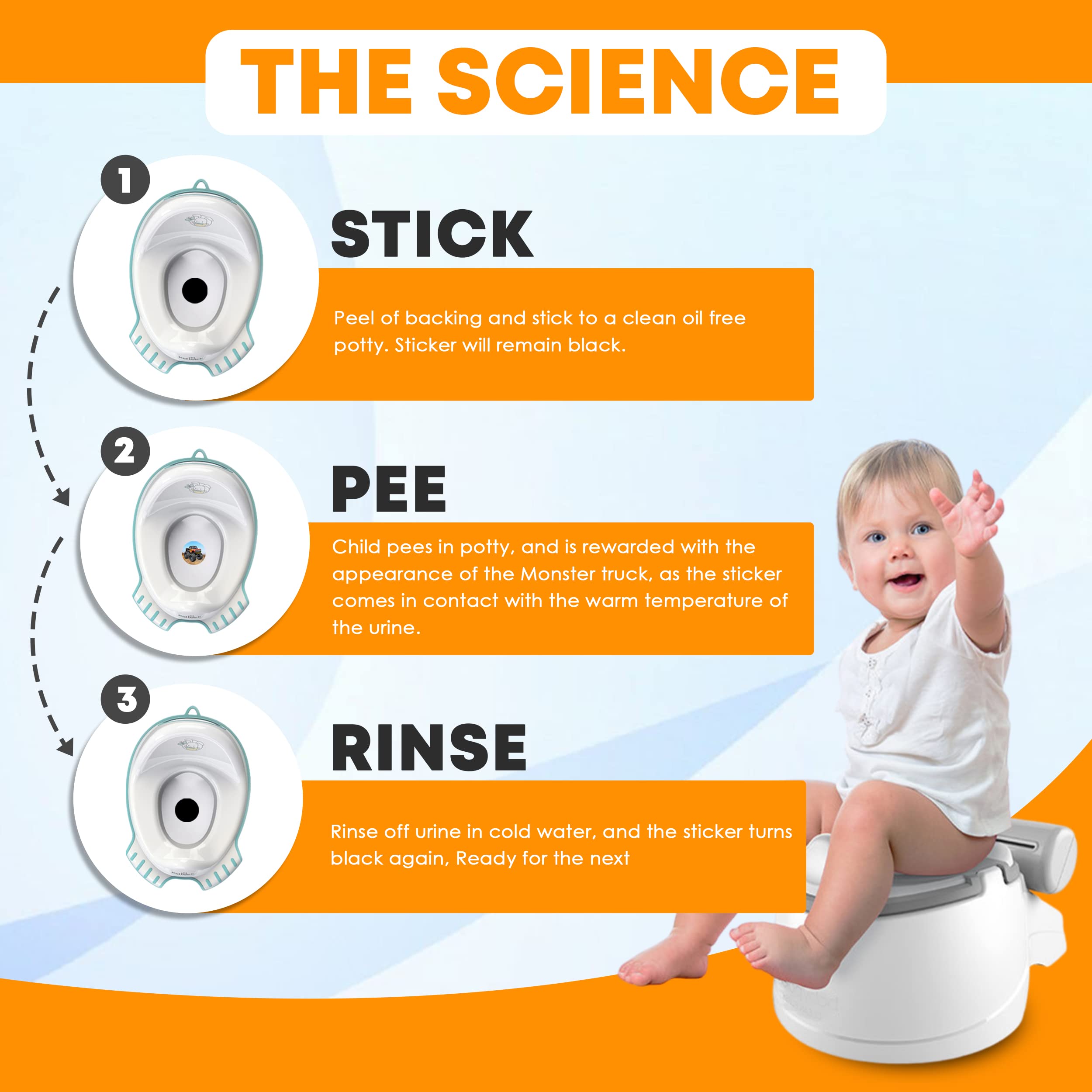 Potty Training Seat Magic Sticker | Monster Truck Potty Training Toilet Color Changing Sticker | 5 Pack Toilet targets with FREE potty e book | Use with or Without Potty chart or potty watch