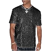 OYOANGLE Men's Sparkly Sequin Shirt Crew Neck Short Sleeve Shiny Tee Tops Nightclub Glitter T- Shirts