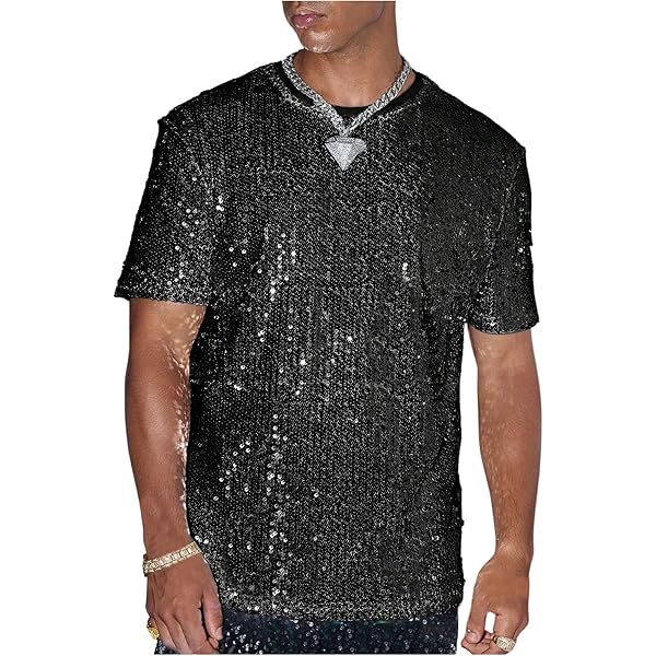 Vxuxlje Men's Glitter Sequin Dot Dance T-Shirts Shiny Round