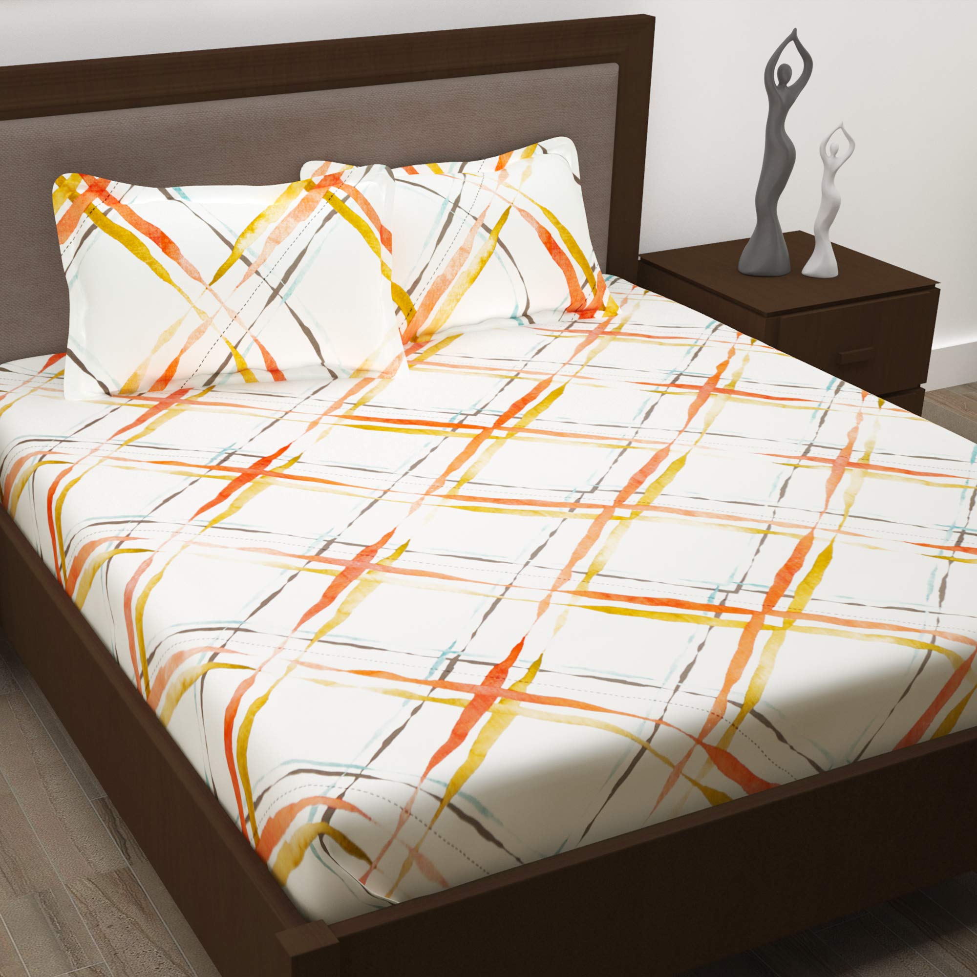 Story@Home Floral 186 TC 100 % Cotton Metro Series Elegant Design Bedsheets with Complementary 2 Pillow Covers (White and Orange)