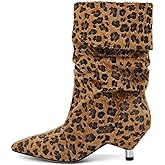Fuazuzu Slouchy Boots Mid Calf Boots for Women Kitten Heel with Pointed Toe Pull On Boots