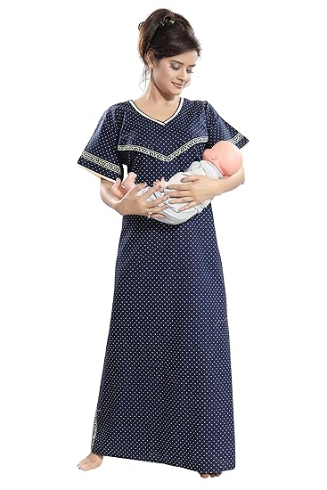 Women's Beautiful Dotted Print Cotton Fabric Feeding/Maternity/Nursing Nighty/Nightwear.