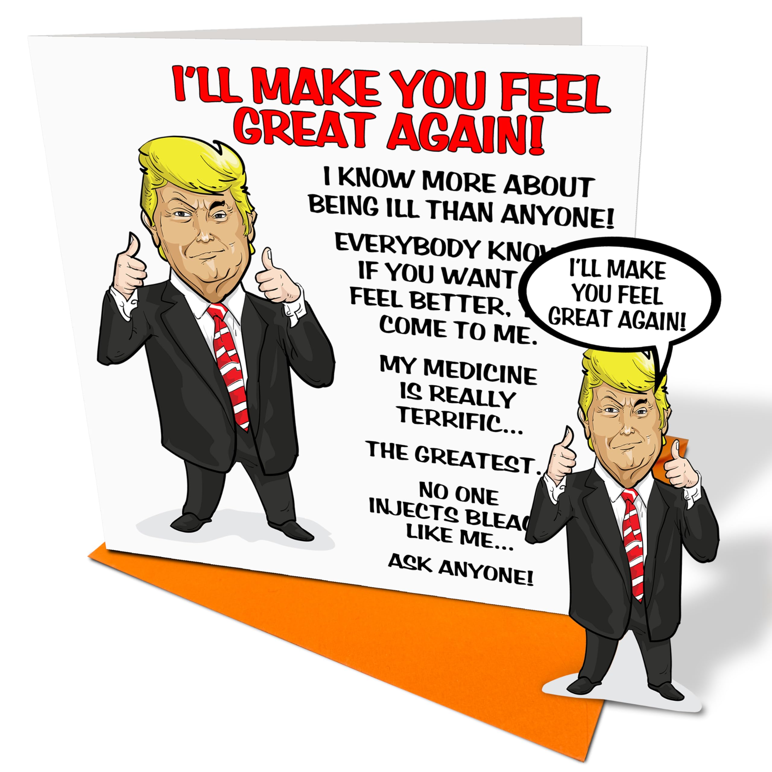 Get Well Soon - With Miniature Desktop Donald Trump - Funny Novelty Get Well Soon Card - Ideal for the sick people in your life