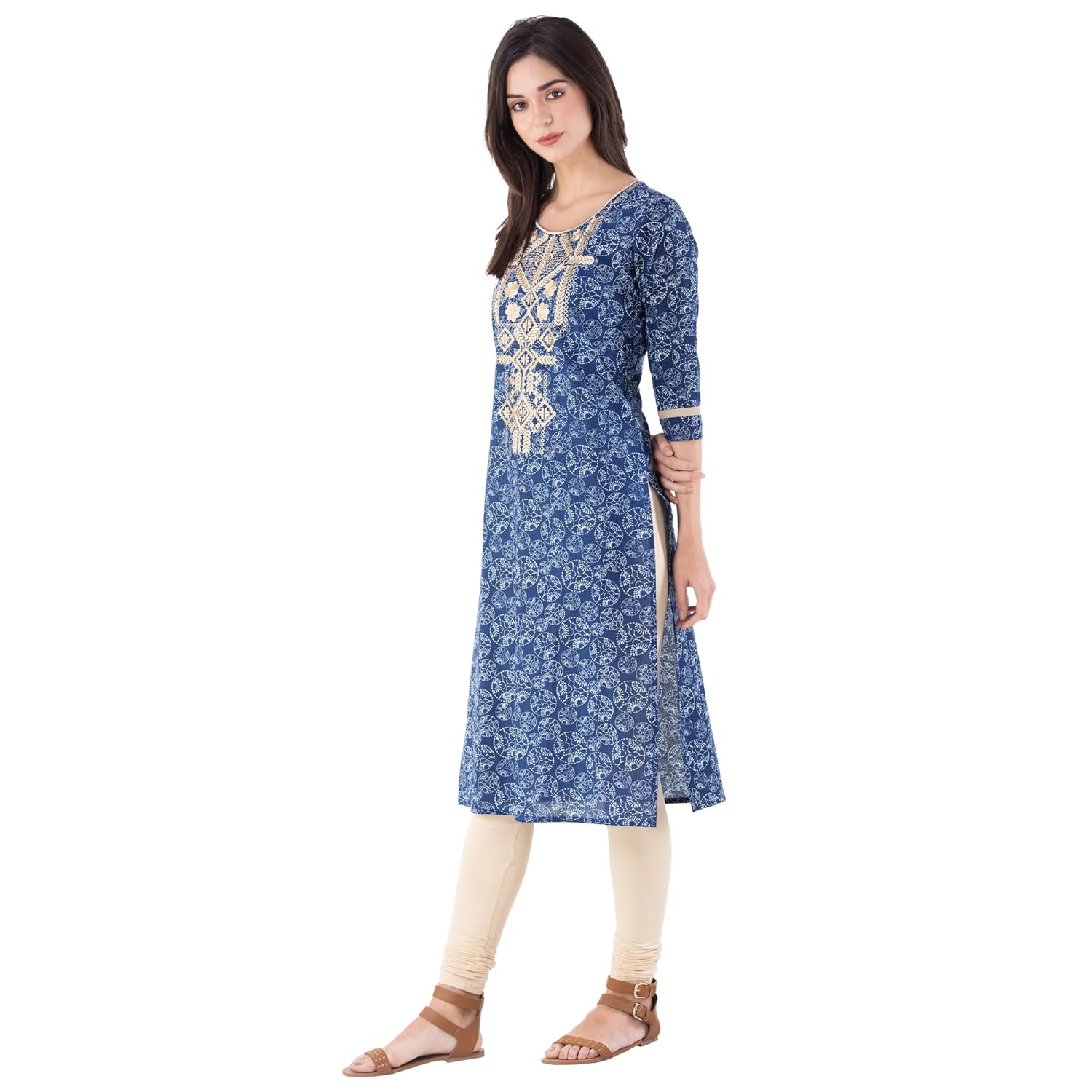 m&d women's cotton 3/4 sleeve embroidered kurti(indigo blue)
