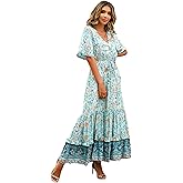 R.Vivimos Womens Summer Cotton Short Sleeve V Neck Floral Print Casual Bohemian Midi Dresses
