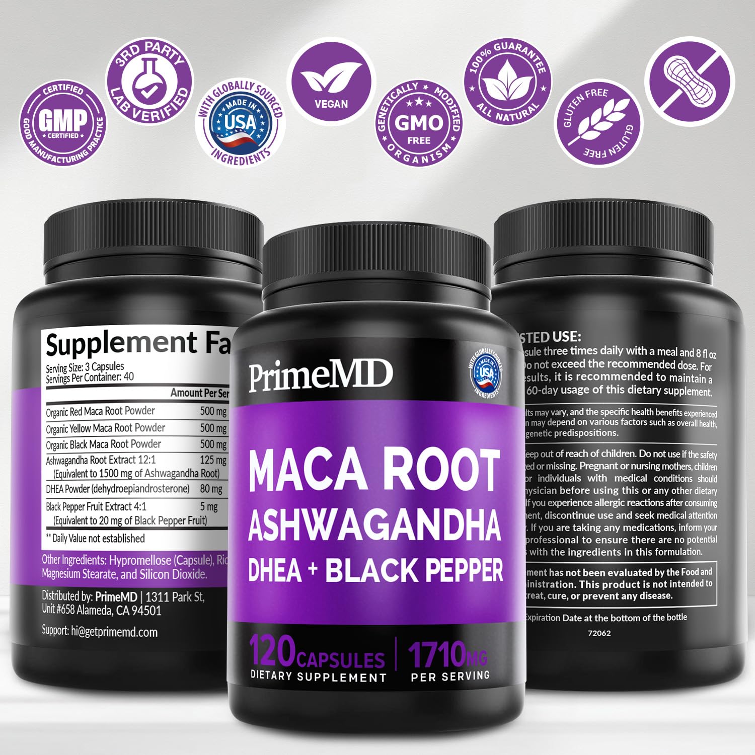 6-in-1 Organic Maca Root Ashwagandha Capsules 1710mg with DHEA and Black Pepper Fruit Extract for Women and Men - Black Maca Supplement for Stamina, Bone and Mood Support Supplement, 120 count