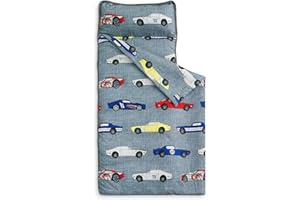 Wake In Cloud - Toddler Nap Mat with Pillow and Blanket, for Kids Boys Ages 3 Plus in Kindergarten Daycare Preschool, Roll Up Sleeping Bag, Race Cars Vehicles