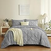 BOLINLIVING Queen Comforter Set, 7 Pieces Boho Pintuck Bed in A Bag, Pleat Pinch Comforters for All Seasons, Comforter Set with Flat Sheet, Fitted Sheet, Pillowcases & Sham, Grey
