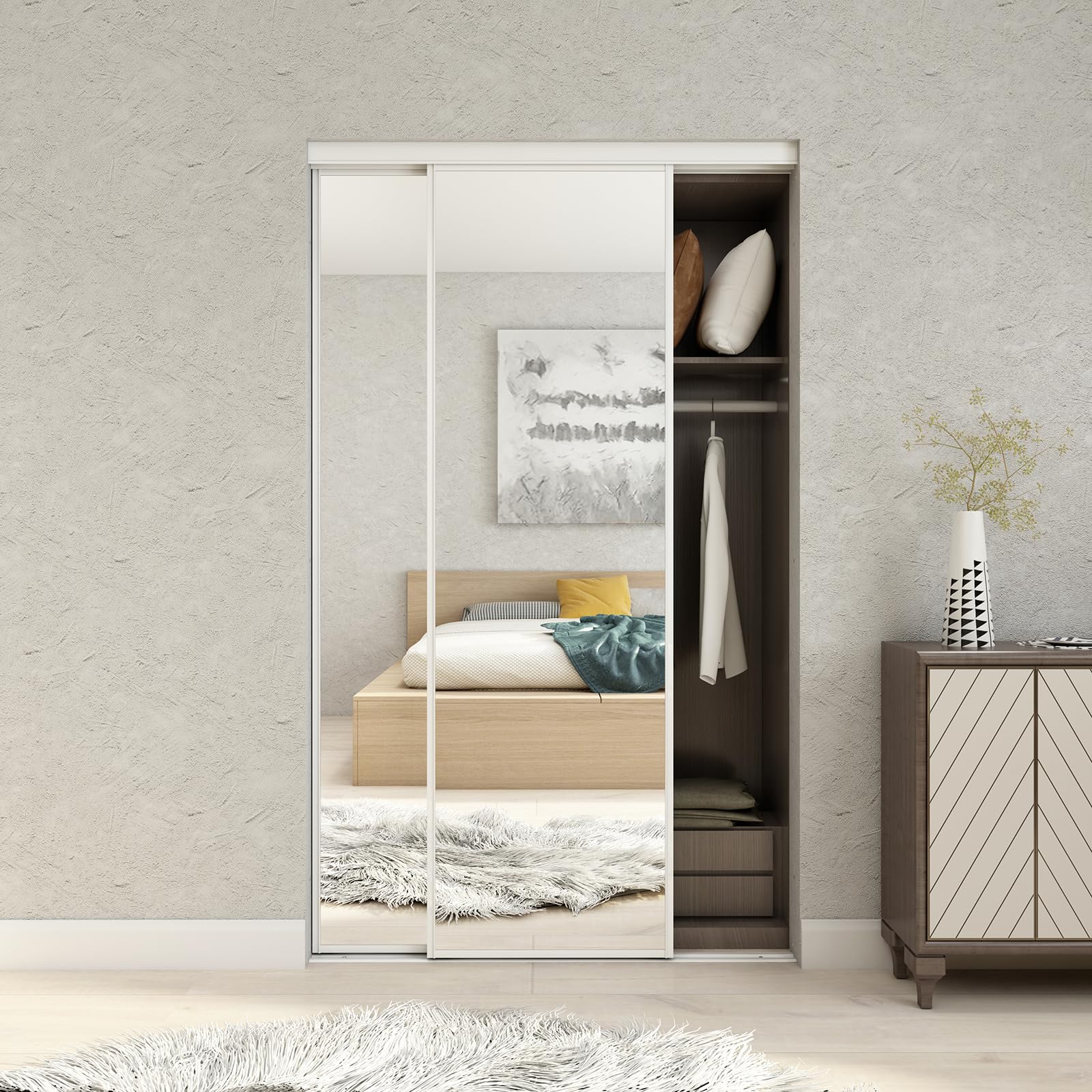 Photo 1 of JUBEST Mirrored Closet Door 48 x 80", One Side Mirror Door with Top & Bottom Track Kits, 2-Panels Steel Frame Sliding Mirror Closet Door, Easy to Install
