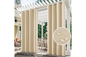 HOMEIDEAS 2 Panels Beige Outdoor Curtains for Patio Waterproof, 52 X 84 Inch Blackout Outdoor Curtains, Thermal Insulated Outdoor Patio Curtains for Porch/Pergola/Yard/Sliding Door/Arbor