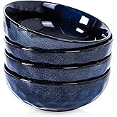 vicrays Ceramic Salad Bowls Set for Kitchen, Serving - 32 Ounce Soup Bowls, Pasta Bowls, Chip Resistant, Dishwasher Microwave Safe, Large, Fluted, stoneware, Set of 4 (Blue)
