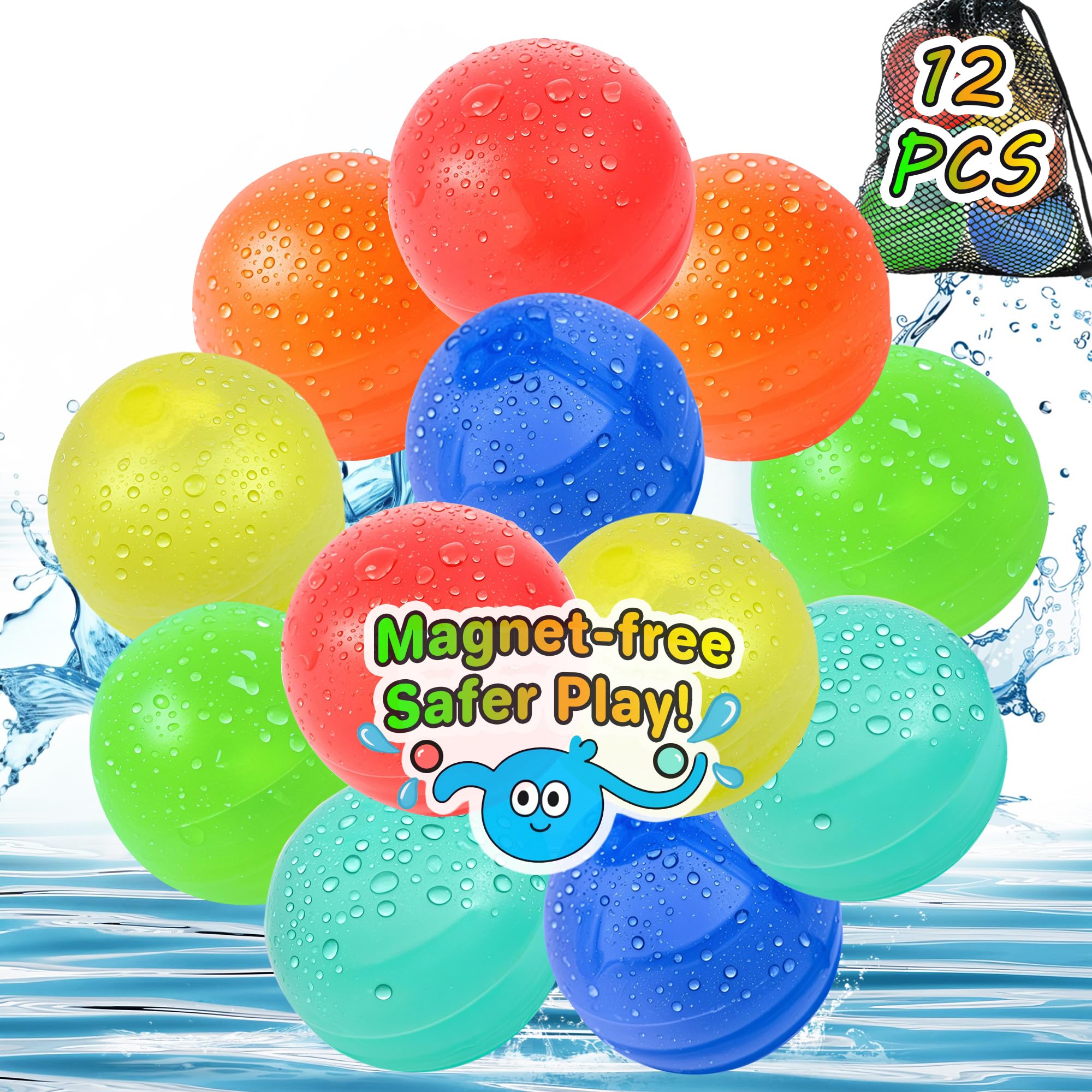 Photo 1 of 12 PCS Reusable Water Balloons - No Magnets,Refillable Water Balloons with Mesh Bag, Quick Fill Water Splash Silicone Water Bomb for Outdoor Activities, Summer Toys Swimming Pool Toys for Kids