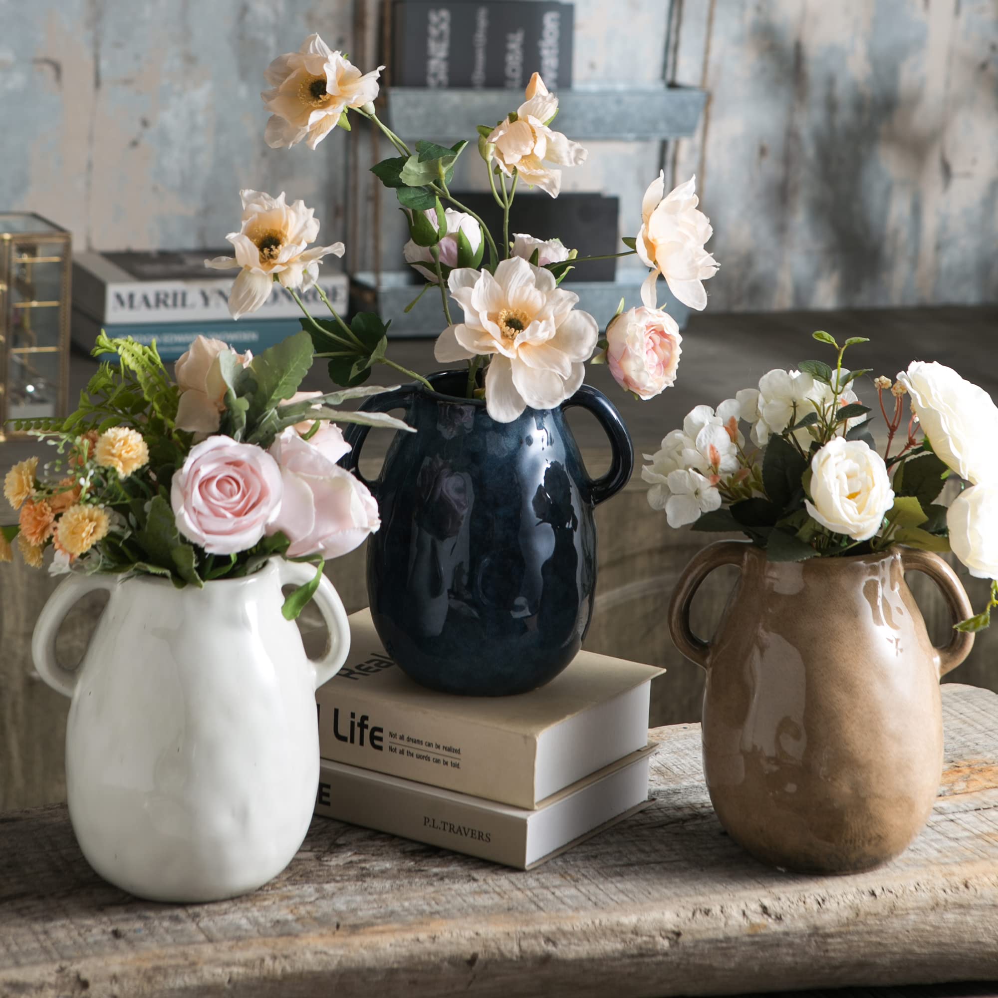 Tanvecle White Ceramic Vase with 2 Handles, Modern Farmhouse Vase for Home Decor, Rustic Terracotta Vase, Decorative Pottery Flower Vase, Clay Samll Vase, Centerpieces for Dining Table - 7 Inch Tall - Image 6