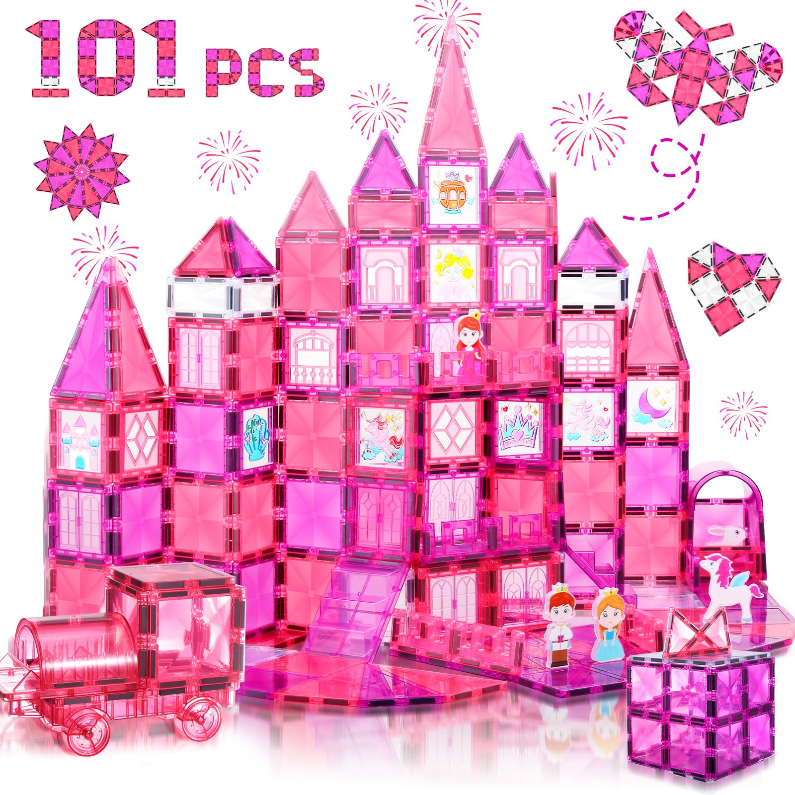 Photo 1 of W WISE BLOCK Magnetic Tiles, 101PCS Magnetic Blocks with Cars, Princess Magnet Building Tiles Construction Sets, Castle Magnet Blocks STEM Toys for Girls Kids Toddlers Ages 3 4 5 6 7 8 9+ Year Old