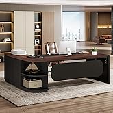 Tribesigns 80'' L-Shaped Desk, Large Executive Office Desk with 55'' Drawers Cabinet, Modern Computer Table with Storage Shelves, Business Furniture for Home Office, Walnut &amp; Black