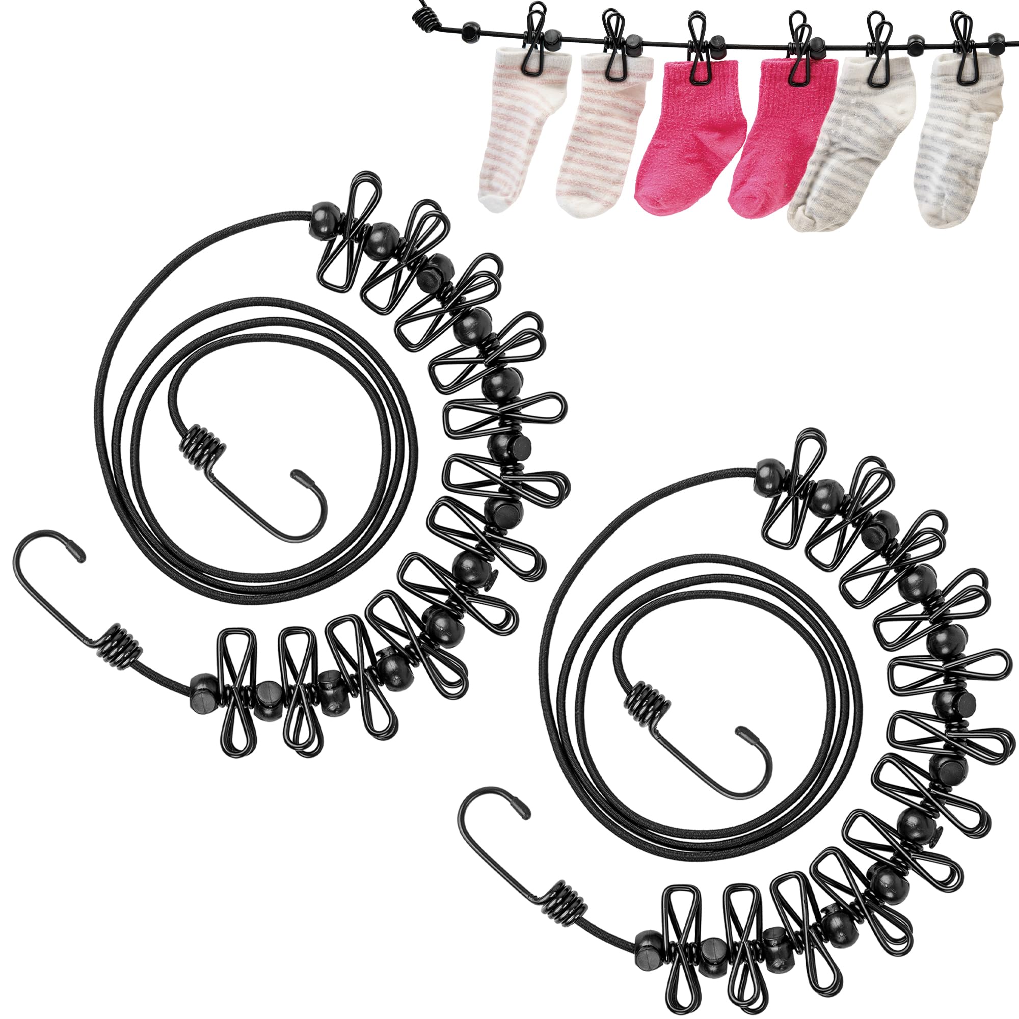 ECENCE Set of 2 Portable Travel Washing Line with Pegs - Adjustable Elastic Clothesline - Ideal Campervan Accessory & Holiday Essential - Black