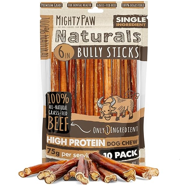 MIGHTY PAW NATURALS BULLY STICKS FOR SMALL & MEDIUM DOGS – GRASS FED BEEF CHEWS. BULLY STICKS FOR LARGE DOGS. LOWER ODOR STICK TREAT. SINGLE INGREDIENT (6″ – 10 PACK)