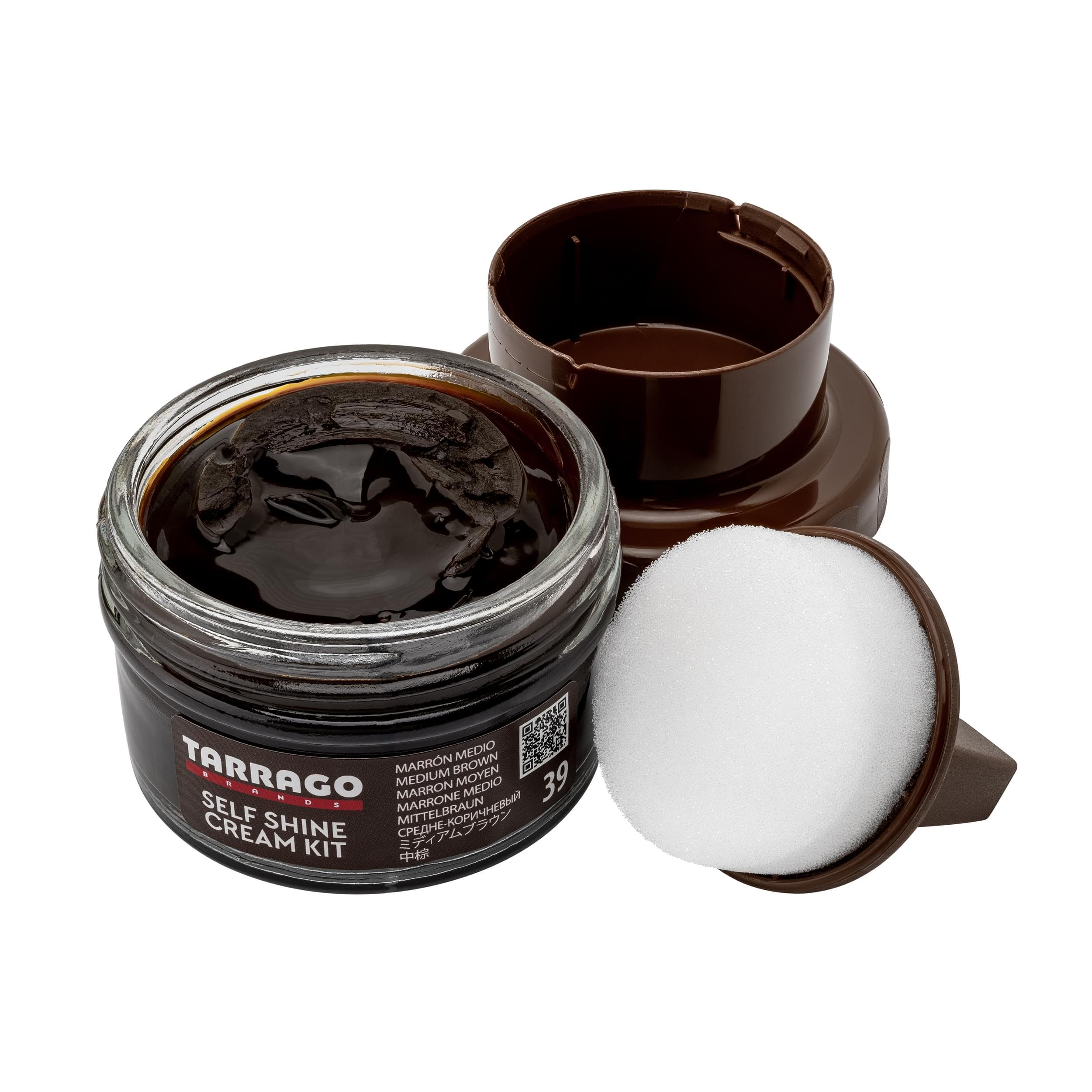 Tarrago Self Shine Cream Kit 50 ml | Nourishing Cream of Natural Waxes For Shining Leather, Smooth, Natural or Synthetic Leather Footwear | With Sponge Applicator ((39) Medium Brown)