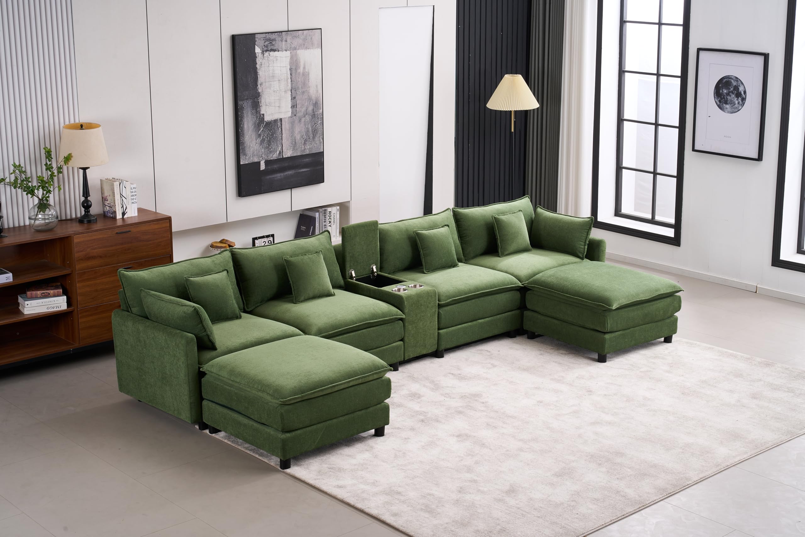 Photo 1 of ** ONLY CUSHIONS 144.5" ** Oversized U-Shaped Symmetrical Sectional Sofa Chenille Cloud Cushions Modular Sofa Couch W/2 Ottomans,Storage Console, Cupholders and USB Ports for Home Apartment Living Room Furniture Sets