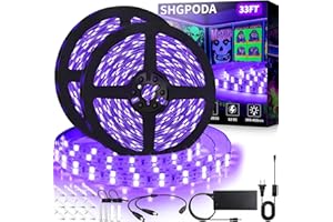 SHGPODA Upgraded 72W 33ft LED Black Light Strip, 1200 Units Led, 12V Blacklight Strip Light, 10m LED Ribbon, Black Lights for Glow Party, Fluorescent, Birthday, Body Paint, Halloween, Uranium