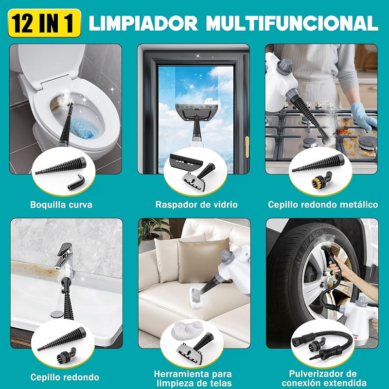 Limpador a vapor portátil de pressão com 12 acessórios e fechadura de segurança, pistola a vapor doméstica multifuncional para limpeza de cozinha, casa de banho, juntas, janelas e gordura