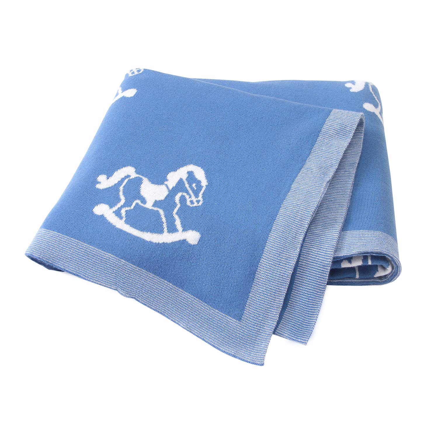 Ziyunlong Baby Blanket 100% Cotton Knit Soft Cozy Blanket for Newborn Baby with Lovely Horse 100 x 80cm Blue