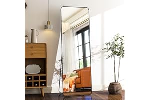 HARRITPURE 59" x 16“ Rounded Full Length Mirror Aluminum Frame Black Mirror Full Length Floor Mirror with Stand for Living Room Bedroom Cloakroom