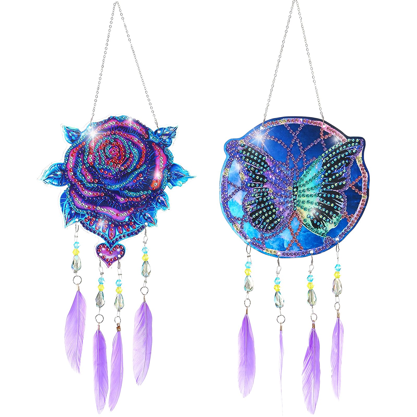 AUAUY 2-Piece Diamond Painting Dreamcatcher & Suncatcher, Double-Sided Point Drill Diamond Art Windchime with Feather Pendant for Home Decor