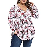 Purple Pocket Womens Plus Size Long Sleeve Fall Tops Ruffle Wrap V Neck Pleated Shirts Dressy Casual Loose Tunic Blouse