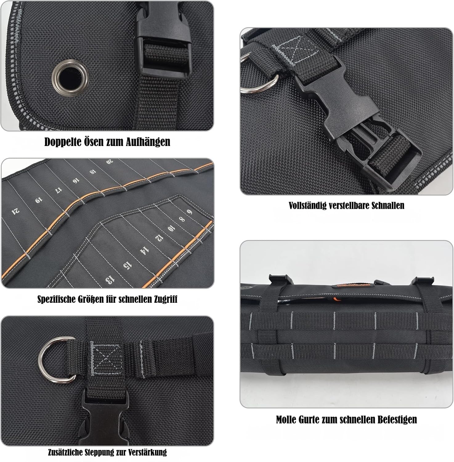 22 Taschen Schraubenschlüsselrolle, Schraubenschlüssel-Set, Werkzeugrolle, Schraubenschlüsseltasche, Schraubenschlüssel-Werkzeugrolle, Schraubenschlüsselhaltertasche, aufrollbarer Organizer 9